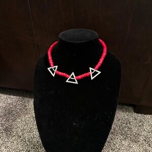 Hand Crafted Red Coral & Sterling Silver Necklace w/Sterling Triangle Accents